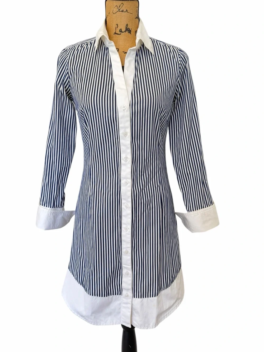 100% Cotton Ben Sherman Blue White Stripe Button Shirt Dress S Preppy